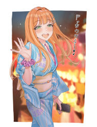  blue_kimono blush bra bra_peek commentary_request female fingernails gakuen_idolmaster green_eyes hamedoragon holding holding_phone idolmaster japanese_clothes kimono long_hair looking_at_viewer mole mole_under_eye nail_polish obi orange_hair outside_border phone purple_bra sash scrunchie shiun_sumika smile solo star_(symbol) star_print straight_hair translation_request underwear very_long_hair wrist_scrunchie yukata 