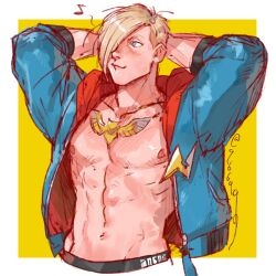  1boy arm_behind_head arms_up asymmetrical_hair blonde_hair blue_hoodie blush border closed_mouth commentary cropped_legs ed_(street_fighter) gold_necklace groin hair_over_one_eye hood hood_down hoodie jewelry kurononekojyo looking_to_the_side male_focus muscular muscular_male musical_note navel necklace one_eye_covered open_clothes open_hoodie red_hood sideways_glance signature smile solo street_fighter street_fighter_6 two-sided_hoodie unzipped white_border 