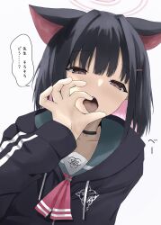  absurdres animal_ears black_choker black_hair black_hoodie blue_archive blunt_bangs blush bob_cut cat_choker cat_ears choker collarbone colored_inner_hair commentary disuto fellatio_gesture female green_sailor_collar half-closed_eyes halo hand_up highres hood hoodie kazusa_(blue_archive) looking_at_viewer multicolored_hair ok_sign open_mouth pink_hair pink_halo red_eyes sailor_collar school_uniform serafuku short_hair simple_background sleeves_past_wrists solo speech_bubble straight_hair teeth tongue tongue_out translated upper_body upper_teeth_only white_background 