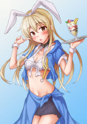  adapted_costume anti_(untea9) bikini blonde_hair blue_background blush breasts brown_eyes collarbone cowboy_shot dessert female food gradient_background hair_between_eyes hair_tubes highres holding holding_tray jacket kantai_collection long_hair official_alternate_costume open_mouth parfait sailor_bikini sailor_collar sarong shimakaze_(kancolle) shimakaze_(swimsuit_mode)_(kancolle) smile solo swimsuit tray two_side_up white_bikini yellow_eyes 