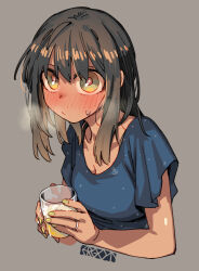  alcohol anchor_print anchor_symbol blue_dress blush bra_strap breasts bright_pupils brown_hair collarbone commentary_request cropped_torso cup dress ergot female fubuki_(kancolle) green_eyes green_nails grey_background hair_between_eyes hair_down holding holding_cup jewelry kantai_collection long_hair looking_at_viewer medium_breasts nail_polish nose_blush polka_dot polka_dot_dress ring short_sleeves sidelocks signature simple_background solo sweat upper_body wedding_ring white_pupils wide-eyed 