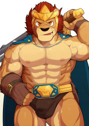  5_fingers abs amber_eyes anthro black_nose cape clothing crown felid fingerless_gloves fingers gloves hair handwear headgear hi_res laval_(legends_of_chima) legends_of_chima lego lion male mammal mane melee_weapon multicolored_body muscular muscular_anthro muscular_male orangetaming pantherine red_hair shaded solo sword tan_body two_tone_body weapon whiskers 