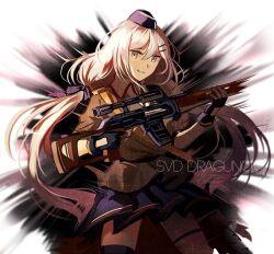  female girls&#039;_frontline gun holding holding_weapon rifle silence_girl svd_(girls&#039;_frontline) weapon white_hair yellow_eyes 