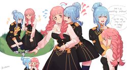  2girls absurdres blue_hair braid brown_eyes commentary english_commentary english_text fire_emblem fire_emblem:_three_houses flying_sweatdrops garreg_mach_monastery_uniform highres hilda_valentine_goneril ilvernaa kissing kissing_cheek marianne_von_edmund multiple_girls multiple_views personality_switch pink_eyes pink_hair seiza sitting speech_bubble thighhighs twin_braids yuri 