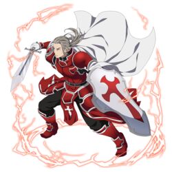  1boy armor black_pants boots cape closed_mouth faulds floating_hair full_body gloves grey_hair heathcliff_(sao) highres holding holding_shield holding_sword holding_weapon long_hair male_focus non-web_source official_art pants pauldrons ponytail red_footwear shield shoulder_armor solo sword sword_art_online transparent_background weapon white_cape white_gloves 