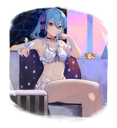  alternate_breast_size bikini blue_choker blue_eyes blue_hair blue_nails blue_ribbon breasts choker closed_mouth crossed_legs crown cup detached_sleeves drinking_glass earrings feet_out_of_frame female hair_between_eyes hair_ribbon highres holding holding_cup hololive hololive_summer_2022_swimsuit hoshimachi_suisei jewelry long_hair looking_at_viewer medium_breasts nail_polish navel print_bikini ribbon saco_(cgmore) side_ponytail sitting solo star_(symbol) star_earrings star_tattoo stomach swimsuit tattoo unworn_crown virtual_youtuber white_bikini 