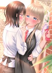  2girls apron black_apron blonde_hair blue_eyes blunt_bangs blurry blush brick_wall brown_hair depth_of_field dress_shirt eye_contact feeding fingernails flower food food_in_mouth hand_on_another&#039;s_back highres holding holding_food holding_pocky lily_(flower) lino_(lilyparty07) long_hair looking_at_another medium_hair mole mole_under_mouth multiple_girls necktie one-armed_hug original pink_nails pocky pocky_day purple_eyes red_necktie shirt white_shirt yuri 