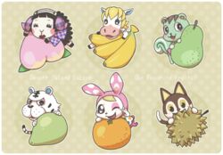  3boys 3girls :3 animal_crossing animal_ears banana black_eyes black_hair black_sclera blonde_hair blunt_bangs blush blush_stickers border brown_background brown_hair cat_boy cat_ears cat_tail chibi chrissy_(animal_crossing) closed_eyes colored_sclera colton_(animal_crossing) commentary_request durian english_text epaulettes fake_animal_ears food food_focus freckles fruit furry hairband hand_up hands_up happy hood horns horse_boy light_blush lipstick looking_at_viewer makeup mint_(animal_crossing) muffy_(animal_crossing) multiple_boys multiple_girls one_eye_closed open_mouth orange_(fruit) outline oversized_object peach pear plaid_neckwear polka_dot polka_dot_background rabbit_ears rabbit_girl rabbit_tail red_lips rolf_(animal_crossing) rudy_(animal_crossing) sheep_girl sheep_horns short_hair simple_background smile squirrel_ears squirrel_girl squirrel_tail tail tiger_boy tiger_ears tiger_tail tsutsuji_(hello_x_2) white_border white_eyes white_hairband yellow_sclera 