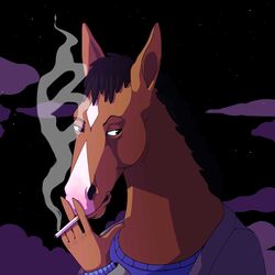  1:1 2020 anthro bojack_horseman bojack_horseman_(character) cigarette clothing cloud diamond_(marking) equid equine facial_markings head_markings hi_res horse jacket looking_at_viewer male mammal mane markings netflix night ritasart1 smoke smoking solo star stubble topwear 