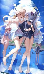  &lt;|&gt;_&lt;|&gt; 4girls ^_^ absurdres alternate_costume azusa_(blue_archive) bare_legs barefoot bikini blue_archive blue_one-piece_swimsuit closed_eyes competition_swimsuit covered_navel empty_pool feet full_body halo hanako_(blue_archive) hifumi_(blue_archive) highres holding holding_hose hose imminent_hug jacket kneepits koharu_(blue_archive) legs long_braid looking_at_another low_wings make-up_work_club_(blue_archive) multiple_girls one-piece_swimsuit outdoors outstretched_arms pomp_(qhtjd0120) ponytail pool school_uniform serafuku striped_bikini striped_clothes swimsuit toenails toes track_jacket trinity_general_school_swimsuit twintails white_wings wings 