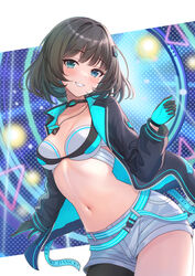  alternate_costume aqua_eyes belt black_choker black_jacket black_pantyhose blue_eyes blue_gloves breasts brown_hair choker comiket_102 commentary_request cowboy_shot dance_on_the_galaxy_(idolmaster) dog_tags female gloves grey_hair grin heterochromia highres idolmaster idolmaster_cinderella_girls jacket kirifrog long_sleeves looking_at_viewer medium_breasts midriff mole mole_under_eye navel no_shirt open_clothes open_jacket pantyhose short_hair short_shorts shorts single_leg_pantyhose smile solo standing stomach takagaki_kaede two-tone_gloves white_shorts 