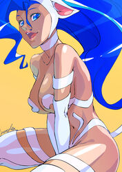  absurdres animal_ears arms_between_legs bare_shoulders blue_eyes blue_hair breasts cat_ears cat_tail felicia_(vampire) female fur highres large_breasts long_hair open_mouth revealing_clothes simple_background sitting solo strikebeagle tail thighhighs v_arms vampire_(game) yellow_background 