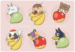  3boys 3girls :3 animal_crossing animal_ears apple banana beak bear_boy bear_ears bear_girl bird_girl bird_tail black_eyes blush blush_stickers border chibi closed_eyes commentary_request english_text food food_focus fruit furry gladys_(animal_crossing) half-closed_eyes hands_up happy light_blush looking_at_viewer maple_(animal_crossing) multiple_boys multiple_girls open_mouth outline oversized_object pear pink_background polka_dot polka_dot_background simple_background smile stitches_(animal_crossing) tail tentacle tsutsuji_(hello_x_2) white_border whitney_(animal_crossing) wings wolf_boy wolf_ears wolf_girl wolf_tail wolfgang_(animal_crossing) x_x zucker_(animal_crossing) 