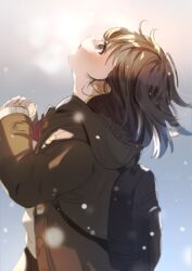  backpack bag breath brown_eyes brown_hair coat commentary female highres looking_up open_mouth original profile short_hair snow solo winter_clothes yukimaru_nun 