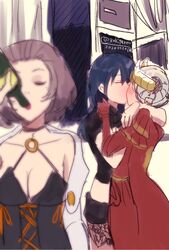  3girls alcohol blue_hair blush bottle breasts brown_hair byleth_(female)_(fire_emblem) byleth_(fire_emblem) cape cleavage closed_eyes commentary edelgard_von_hresvelg english_commentary fire_emblem fire_emblem:_three_houses girl_drinking_while_guys_make_out_(meme) gloves grey_hair highres kissing manuela_casagranda meme mole mole_under_eye multiple_girls pantyhose red_gloves white_hair wine_bottle yukiyanagi_raki yuri 