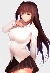  aozaki_aoko arm_behind_back black_skirt blue_eyes breasts brown_hair closed_mouth collared_shirt commentary_request dress_shirt female hair_intakes hand_on_own_chest kameponde large_breasts long_hair long_sleeves looking_at_viewer mahou_tsukai_no_yoru miniskirt one_eye_closed pleated_skirt shirt simple_background skirt smile solo white_background white_shirt 