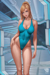  artist_name bare_hips bare_shoulders blonde_hair blue_eyes blue_one-piece_swimsuit breasts cleavage collarbone commentary covered_navel female hand_on_own_hip head_tilt highleg highleg_swimsuit highres large_breasts lips long_hair looking_at_viewer medium_breasts metroid mole mole_on_leg mole_on_shoulder mole_under_mouth navel one-piece_swimsuit parted_lips ponytail prywinko samus_aran shiny_swimsuit simple_background skin_tight skindentation solo standing swimsuit thighhighs thighs watermark 