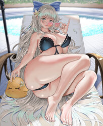  ass azur_lane barefoot bikini black_bikini blue_bow bow breasts covered_nipples curvy dorian_oishiiyo feet female flower grey_eyes grey_hair hair_flower hair_ornament hairbow holding holding_removed_eyewear large_breasts legs linked_bikini long_hair looking_at_viewer looking_over_eyewear manjuu_(azur_lane) monokini official_alternate_costume orange-tinted_eyewear outdoors pink-tinted_eyewear poolside shadow solo sunglasses swimsuit thick_thighs thighs tinted_eyewear toes unworn_eyewear very_long_hair vittorio_veneto_(azur_lane) vittorio_veneto_(the_flower_of_la_spezia)_(azur_lane) white-framed_eyewear white_flower 