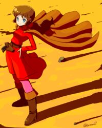  artist_name birin_nada blue_eyes boots brown_cape brown_footwear brown_hair cape day desert dusk female floating_cape gun handgun hands_on_own_hips highres holster long_hair long_sleeves outdoors pink_legwear ponytail red_shirt red_skirt rock sentou_mecha_xabungle shadow shirono shirt signature skirt smile solo standing weapon 