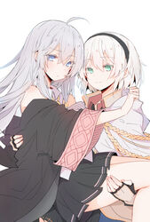  2girls absurdres ahoge amnesia_(majo_no_tabitabi) bare_shoulders black_coat black_gloves black_hairband black_shirt blue_eyes blush bow bowtie carrying cloak closed_mouth coat collared_shirt commentary_request elaina_(majo_no_tabitabi) fingerless_gloves gloves green_eyes grey_hair hair_between_eyes hairband highres hood hood_down hooded_cloak lionet0806 long_sleeves majo_no_tabitabi multiple_girls necktie pleated_skirt princess_carry shirt simple_background skirt sleeveless sleeveless_shirt smile white_background white_cloak white_hair white_shirt wide_sleeves yellow_bow yellow_bowtie yuri 