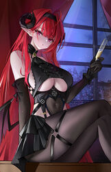  absurdres azur_lane bare_shoulders black_gloves black_hairband black_pantyhose blush breasts chinese_commentary commentary_request covered_navel crossed_legs demon_girl demon_horns demon_wings elbow_gloves female gloves hai_binggan hairband highres hindenburg_(azur_lane) holding holding_vial horns indoors large_breasts long_hair looking_at_viewer low_wings mole mole_under_eye pantyhose parted_lips pointy_ears purple_eyes red_hair sitting solo thighs underboob vial window wings 