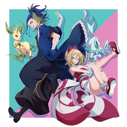  1boy adaman_(pokemon) black_footwear blonde_hair blue_coat blue_eyes border coat collar commentary_request eyebrow_cut female glaceon hairband hand_in_pocket highres irida_(pokemon) jewelry knees leafeon looking_at_viewer medium_hair neck_ring pokemon pokemon_(creature) pokemon_legends:_arceus red_footwear red_hairband red_shirt sash shirt shoes short_sleeves shorts smile strapless strapless_shirt waist_cape white_border white_shorts yue_(lov_n_n) 