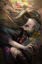  arm_up bit_gag black_hair female fingernails floating_hair gag gagged haori highres japanese_clothes kamado_nezuko kimetsu_no_yaiba kimono long_hair looking_at_viewer matcho pink_eyes pink_kimono print_kimono sharp_fingernails slit_pupils solo very_long_hair 