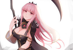  absurdres bangs breasts cleavage female highres holding holding_scythe hololive hololive_english large_breasts light_blush looking_at_viewer mori_calliope pink_hair scythe smile solo tfqr tiara veil virtual_youtuber 