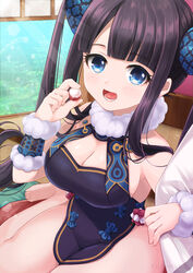  absurdres bare_shoulders black_dress blue_eyes blunt_bangs blush breasts china_dress chinese_clothes cleavage detached_sleeves dress eating fate/grand_order fate_(series) female hair_ornament highres large_breasts long_hair looking_at_viewer lychee open_mouth pika_mouse purple_hair short_dress side_slit sidelocks sitting solo twintails very_long_hair wariza yang_guifei_(fate) yang_guifei_(second_ascension)_(fate) 