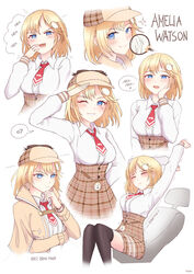  ara_ara blonde_hair blue_eyes breasts character_name female hand_on_own_cheek highres hololive hololive_english laughing looking_down medium_breasts multiple_views ojou-sama_pose one_eye_closed pocket_watch salute sitting speech_bubble stretch tfqr thinking virtual_youtuber watch watson_amelia 