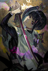  black_hair black_jacket bug butterfly butterfly_hair_ornament cape closed_mouth demon_slayer_uniform female from_behind hair_ornament head_tilt highres holding holding_sword holding_weapon jacket kimetsu_no_yaiba long_hair long_sleeves looking_at_viewer looking_back matcho purple_eyes side_ponytail signature smile solo sword tsuyuri_kanao upper_body weapon white_cape 