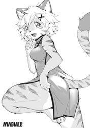  absurd_res anthro asian_clothing ass big_butt black_and_white breasts butt_pose cheek_tuft chinese_clothing chinese_dress clothed clothing clothing_lift dress dress_lift east_asian_clothing facial_tuft felid female fuo_(hanadaiteol) hair hi_res kemono looking_at_viewer looking_back magiace mammal monochrome pantherine pawpads pose screentone short_hair simple_background slim slit_dress smile solo standing stripes thick_thighs tiger tuft white_background white_hair 