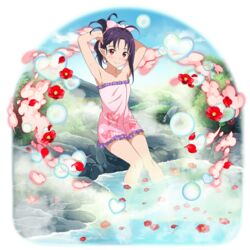  ahoge animal_print armpits arms_up bow butterfly_print closed_mouth collarbone day female flat_chest flower frilled_towel full_body hairbow heart highres long_hair looking_at_viewer naked_towel non-web_source official_art onsen outdoors pink_bow pointy_ears print_towel purple_hair red_eyes red_flower sitting smile soaking_feet solo sword_art_online tied_hair towel transparent_background tying_hair yuuki_(sao) 