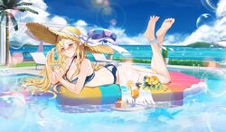  afloat ankle_ribbon ao_la_xing barefoot beach_umbrella between_fingers bikini blonde_hair blue_bikini blue_sky breasts bubble bush cake cake_slice caustics character_request cloud cup curtains day drink drinking_glass drinking_straw eyelashes feet feet_up female fewer_digits flower food fruit full_body hair_over_breasts hand_in_own_hair hat hat_ribbon heart heart-shaped_eyewear hibiscus highres holding horizon inflatable_raft leg_ribbon light_smile long_hair looking_at_viewer looking_over_eyewear lying ocean on_stomach orange-tinted_eyewear orange_(fruit) orange_slice outdoors palm_tree plate pool pool_ladder ribbon see-through sky soles solo straw_hat sun_hat sunglasses sunlight swimsuit the_pose tinted_eyewear toes towel tree umbrella very_long_hair wet_towel yellow_eyes zuo600 