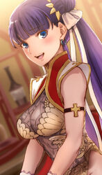  alternate_costume alternate_hairstyle aoba_(smartbeat) blue_eyes blunt_bangs blush breasts china_dress chinese_clothes cleavage_cutout clothing_cutout commentary_request cross double_bun dress ear_piercing fate/grand_order fate_(series) female hair_bun hair_ornament hair_ribbon highres indoors large_breasts long_hair looking_at_viewer martha_(fate) martha_(traveling_outfit)_(fate) official_alternate_costume open_clothes piercing purple_hair ribbon sleeveless sleeveless_dress smile solo twintails white_ribbon 