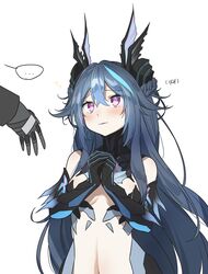  ... adhesive_bra aqua_hair black_bra black_collar blue_lips blush bra braid breasts collar commandant_(punishing:_gray_raven) crossed_bangs female fins french_braid hair_between_eyes head_fins highres lamia_(punishing:_gray_raven) long_hair mechanical_arms myam_(123ab456c) navel own_hands_together punishing:_gray_raven purple_eyes ringed_eyes shell_hair_ornament sidelocks small_breasts underwear upper_body very_long_hair white_background 