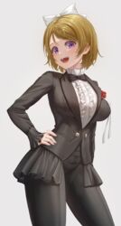  :d absurdres black_bow black_pants bow brown_hair center_frills commentary cowboy_shot female flower frills grey_background hairbow hand_on_own_hip highres jacket koizumi_hanayo looking_at_viewer love_live! love_live!_school_idol_project open_mouth pants pocket purple_eyes red_flower rose shirt short_hair simple_background smile solo standing suit_jacket symbol-only_commentary teeth upper_teeth_only white_bow white_shirt yj_(yojo_san) 