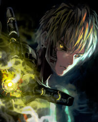  1boy bad_id bad_pixiv_id black_sclera blonde_hair closed_mouth colored_sclera crown cyborg earrings genos highres jewelry looking_at_viewer male_focus matcho one-punch_man short_hair solo yellow_eyes 