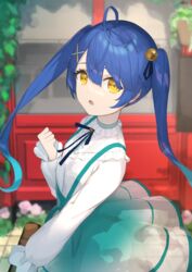  absurdres ahoge amamiya_kokoro aqua_skirt black_ribbon blue_hair blurry blurry_background commentary depth_of_field eyebrows_hidden_by_hair female flower hair_between_eyes hair_ornament hair_ribbon hairclip hand_up highres long_hair long_sleeves looking_at_viewer nijisanji parted_lips pink_flower pink_rose puffy_long_sleeves puffy_sleeves rakkasei ribbon rose shirt skirt solo suspender_skirt suspenders twintails very_long_hair virtual_youtuber white_shirt x_hair_ornament yellow_eyes 