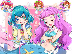  &gt;_&lt; 4girls blue_eyes blue_hair blush_stickers bracelet closed_eyes crossed_arms eru hagoromo_lala hoshina_hikaru jewelry laura_la_mer laura_la_mer_(mermaid) long_hair mermaid midriff monster_girl multiple_girls natsuumi_manatsu navel open_mouth orange_hair pink_hair precure red_hair short_hair smile star_(symbol) star_twinkle_precure tropical-rouge!_precure twintails 