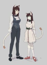  absurd_res anthro big_breasts bigrock breasts clothed clothing dress duo felid feline female footwear formal_wear frilly frilly_clothing hi_res human looking_at_another mammal ribbons 