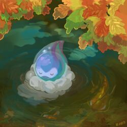  afloat autumn_leaves castform castform_(rainy) closed_eyes closed_mouth commentary english_commentary full_body memookami no_humans pokemon pokemon_(creature) ripples signature smile solo water 