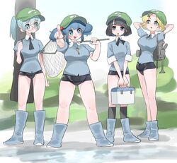  4girls backpack bag black_hair blonde_hair blue_eyes blue_hair blue_shirt blush boots breasts collared_shirt commentary_request dark_haired_kappa frogsnake full_body glasses glasses_kappa hair_tie_kappa hat jewelry juliet_sleeves kappa_mob_(touhou) kawashiro_nitori key key_necklace large_breasts long_sleeves multiple_girls nail_polish necklace necktie net open_mouth pointing ponytail puffy_sleeves rubber_boots school_swimsuit shirt short_sleeves swimsuit touhou 