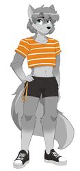  2022 427deer absurd_res anthro black_nose bottomwear canid canine canis clothed clothing countershading crop_top footwear full-length_portrait fully_clothed fur green_eyes grey_body grey_fur grey_hair hair hand_on_hip hi_res light_body looking_at_viewer male mammal midriff multicolored_body multicolored_fur navel portrait shirt shoes shorts smile solo standing topwear two_tone_body two_tone_fur wolf 