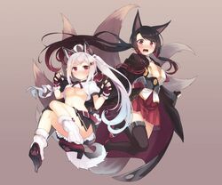  2girls :&lt; absurdres ahoge akagi_(azur_lane) akagi_(azur_lane)_(cosplay) animal_ears azur_lane black_hair black_kimono blush breasts claw_pose collarbone commentary_request cosplay eyeliner fingerless_gloves floating fox_girl gloves gradient_background gradient_hair grey_background grey_hair hair_ornament hairclip high_heels highres japanese_clothes kimono long_hair long_sleeves looking_at_viewer loose_socks low_ponytail makeup medium_breasts miniskirt multicolored_hair multicolored_nails multiple_girls multiple_tails nail_polish navel no_bra nose_blush open_mouth original partially_fingerless_gloves paw_print_soles pleated_skirt puffy_short_sleeves puffy_sleeves red_eyes setsuna_(miraichizu) shirono_mirai shirt shoes short_sleeves simple_background skirt small_breasts socks swept_bangs tail tears thighhighs underboob wavy_mouth wide_sleeves yuudachi_(azur_lane) yuudachi_(azur_lane)_(cosplay) zero_(miraichizu) 