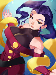  belt breasts commentary_request dated dress female green_eyes hagoromo hair_slicked_back hatanoyyy highres large_breasts pantyhose purple_hair purple_pantyhose red_dress rose_(street_fighter) scarf shawl single_hair_intake sleeveless sleeveless_turtleneck solo street_fighter turtleneck twitter_username yellow_scarf 