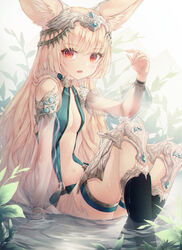  animal_ears arm_support armor bare_shoulders black_socks blonde_hair bracelet breasts cleavage commentary female fox_ears greaves h2o_(dfo) hand_up highres jewelry kneehighs knees_up long_hair looking_at_viewer navel oerba_yun_fang open_mouth original red_eyes revealing_clothes see-through see-through_sleeves sitting small_breasts socks solo stomach symbol-only_commentary thigh_strap thighs very_long_hair water wet 