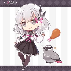  animal argyle bird black_footwear black_skirt boots bow braid brown_pantyhose character_name chibi chicken_(food) chicken_leg closed_mouth commentary_request dada_(relive_project) female food full_body grey_eyes grey_hair hair_between_eyes hairbow hitsuki_rei jungle long_hair long_sleeves looking_at_viewer nature off_shoulder pantyhose pink_bow pleated_skirt puffy_long_sleeves puffy_sleeves relive_project shirt skirt sleeves_past_wrists smile solo sparkle striped striped_background vertical_stripes virtual_youtuber white_shirt 