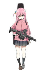  averting_eyes bad_id bad_twitter_id black_skirt black_socks blue_eyes bocchi_the_rock! breasts brown_footwear cube_hair_ornament female full_body gotoh_hitori grenade_launcher grey_skirt guitar_case gun hair_between_eyes hair_ornament highres holding holding_gun holding_weapon instrument_case instrument_on_back jacket large_breasts loafers long_hair long_sleeves milkor_mgl one_side_up open_mouth pink_hair pink_jacket pleated_skirt shaded_face shoes sidelocks simple_background skirt sky-freedom socks solo standing sweat tachi-e track_jacket weapon white_background 