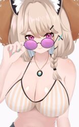  absurdres adjusting_eyewear animal_ear_fluff animal_ears aqua_nails arknights binware blonde_hair braid breasts brown_hat cleavage closed_mouth collarbone female hair_ornament hairclip hat highres jewelry large_breasts long_hair looking_at_viewer looking_over_eyewear nail_polish necklace oerba_yun_fang official_alternate_costume panties purple-tinted_eyewear purple_eyes side_braid skin_fang solo straw_hat striped_clothes striped_panties sunglasses tinted_eyewear underwear upper_body utage_(arknights) utage_(summer_flowers)_(arknights) vertical-striped_clothes vertical-striped_panties 